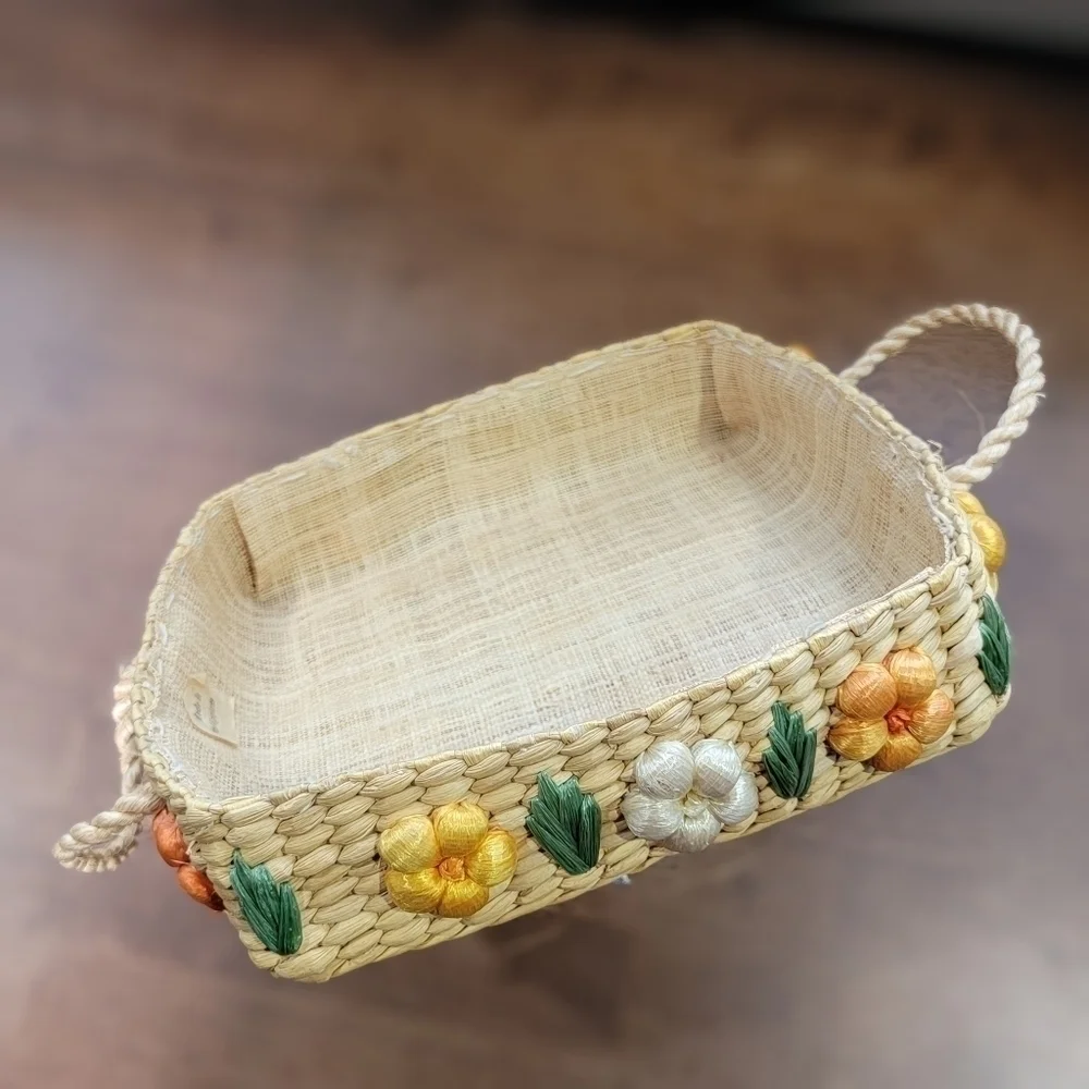 Vintage Basket with flowers and Jute Handles for serving Spring Easter Brunch